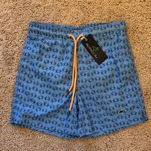 Properly Tied Kids Blue Crab Print Swim Trunks